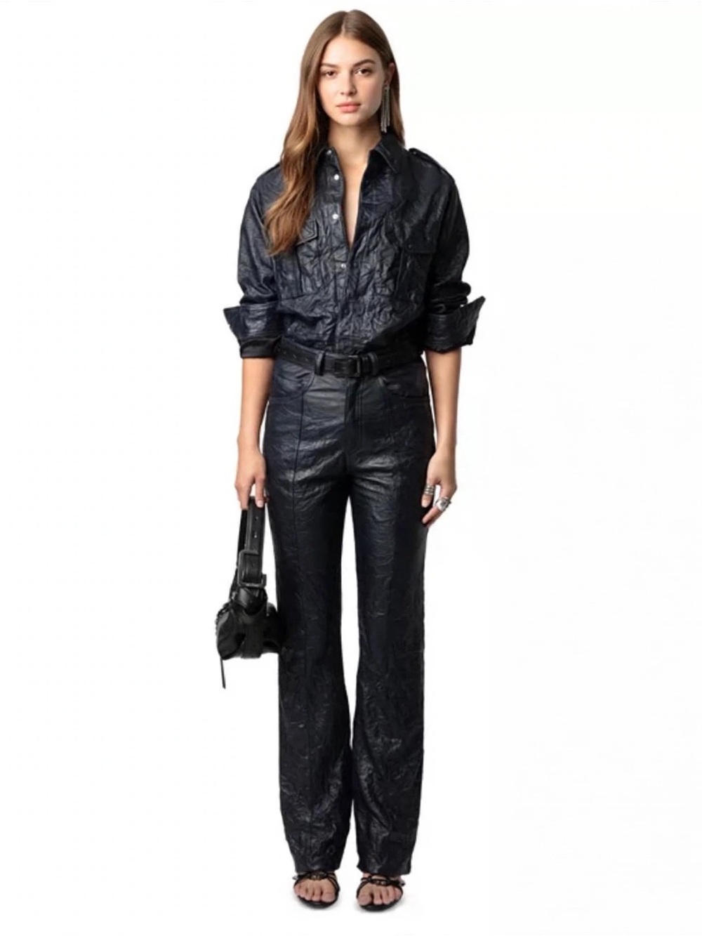 Zadig & Voltaire  Black Faux-Leather Button-Up Jacket Sz XS.